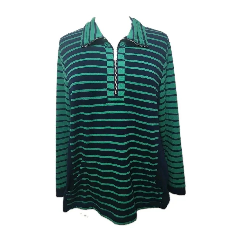 Ruby Rd Womens Knit Top Large  Green Navy Stripe Pullover 1/4 Zip Pouch Pocket